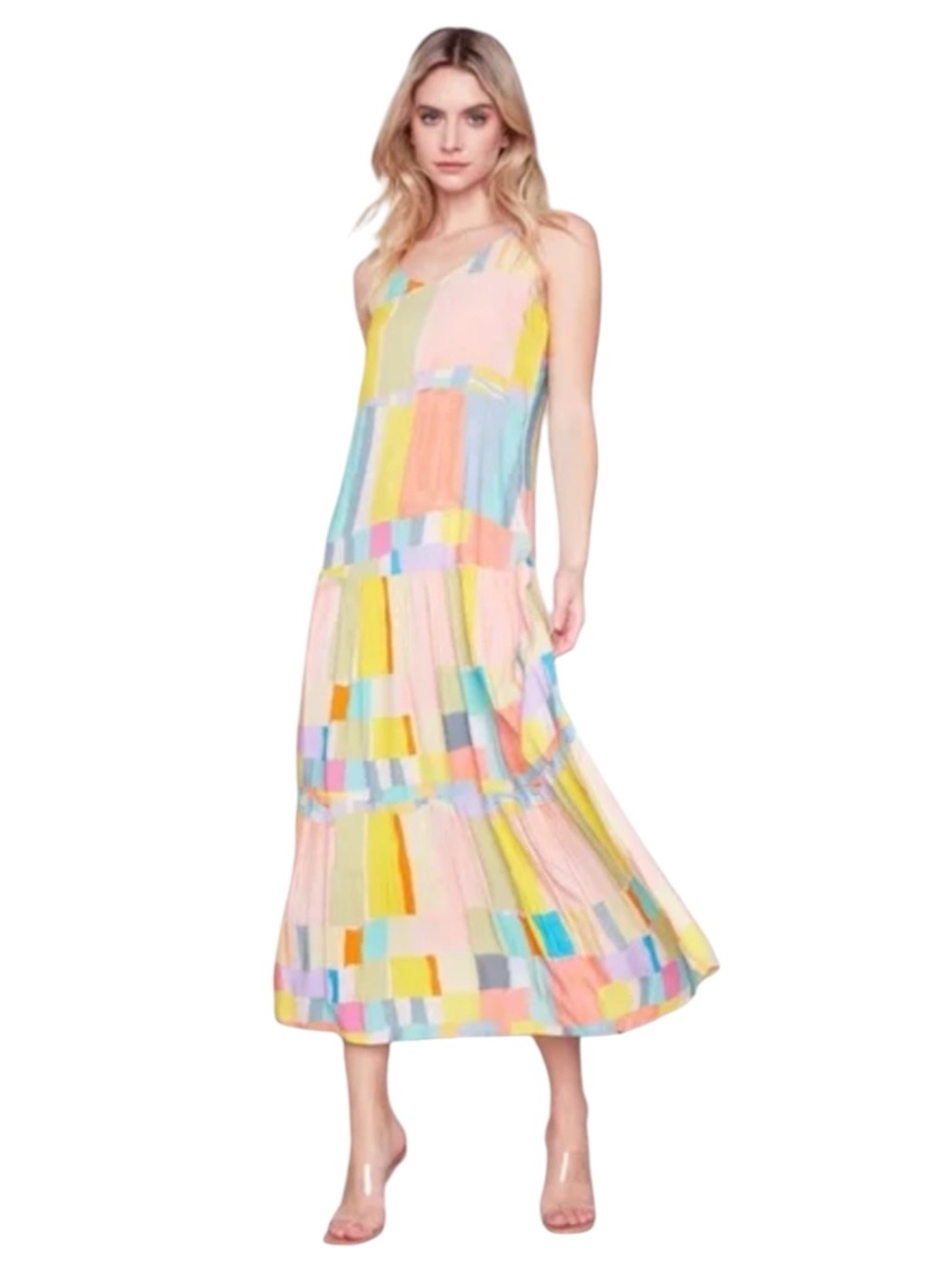 Charlie B Colorful Mosaic Print Tiered Midi Dress Rayon Sleeveless Size L Boho